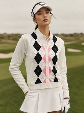 Vintage IZOD Argyle Cardigan Sweater Pink Black Preppy Golfcore M